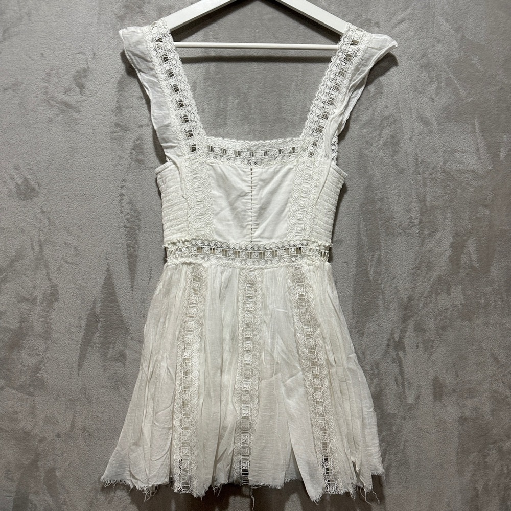Free People Ivory Verona Square-Neck Crochet Lace Raw-Hem Mini Dress Sz S/P - Picture 1 of 10